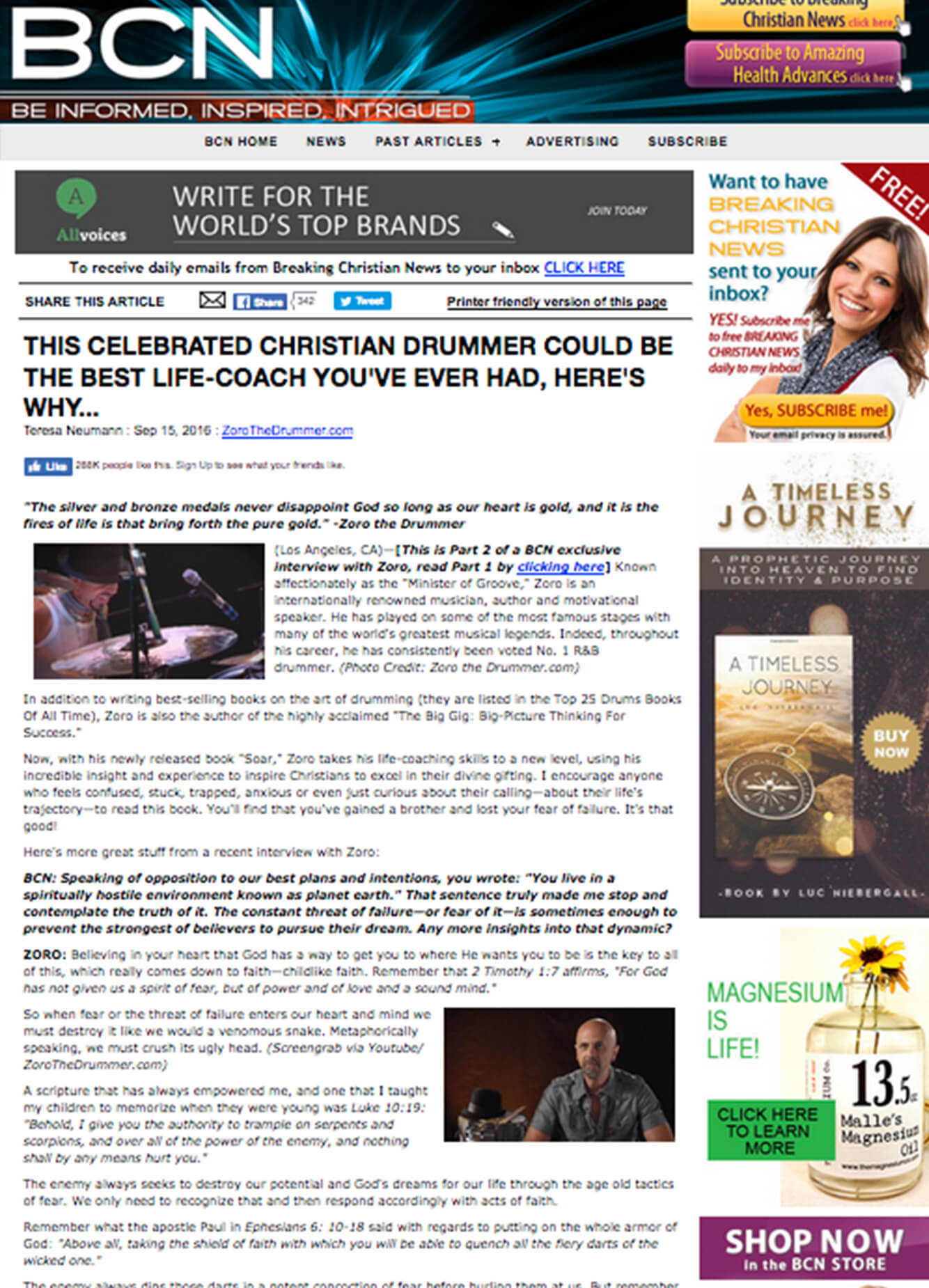 Zoro Feature in Breaking Christian News